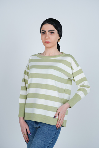 بافت آستین بلند یقه گرد راه راه زنانه 